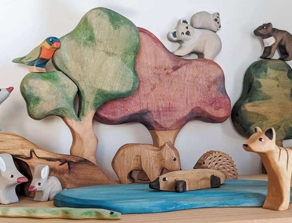 Australian Small World scene with wooden animals and trees from NOM Handcrafted in a Steiner classroom